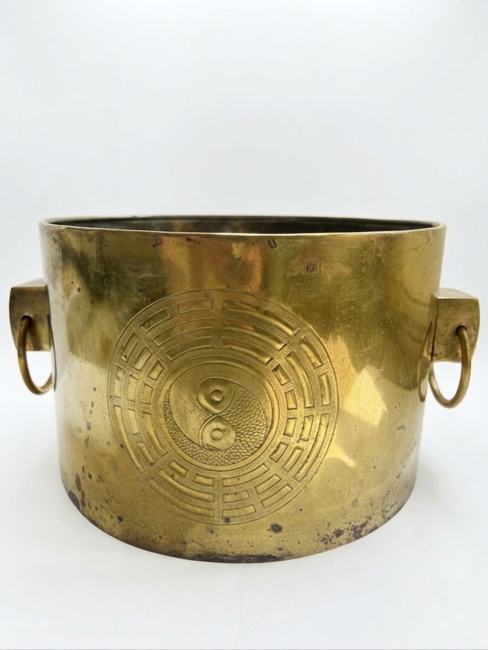 Brass MCM planter heavy large etched Bagua symbol central Yin Yang 2 sides